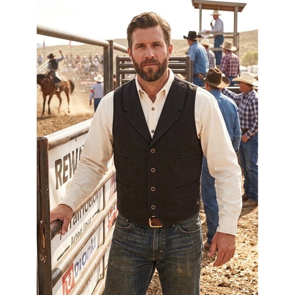 Frontier Classics Black Canvas Western Vest Small Notched Lapel 4‎ Pockets Cinch